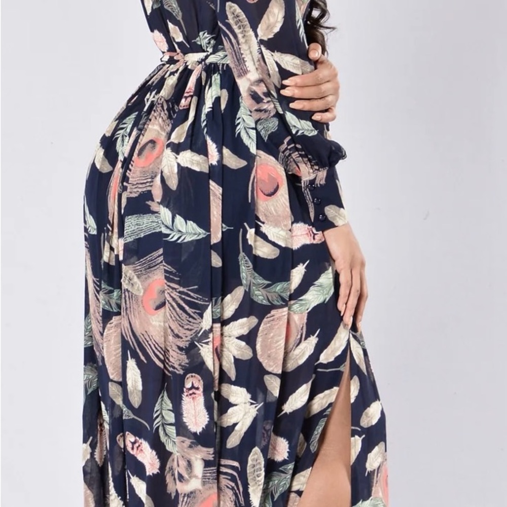 Blue and Tan Tie Front Wrap dress with splits